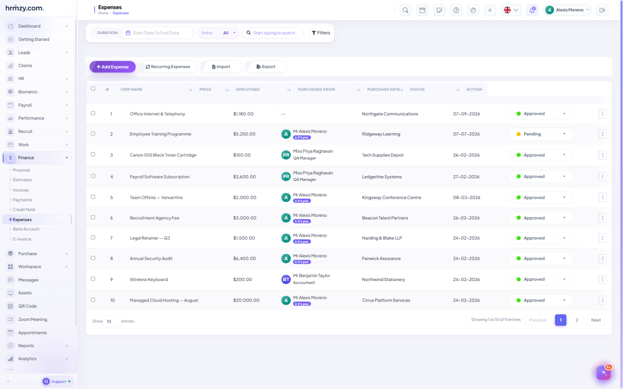 HRMZY expense list showing item name, price, claiming employee, supplier, purchase date and an inline approved or pending status