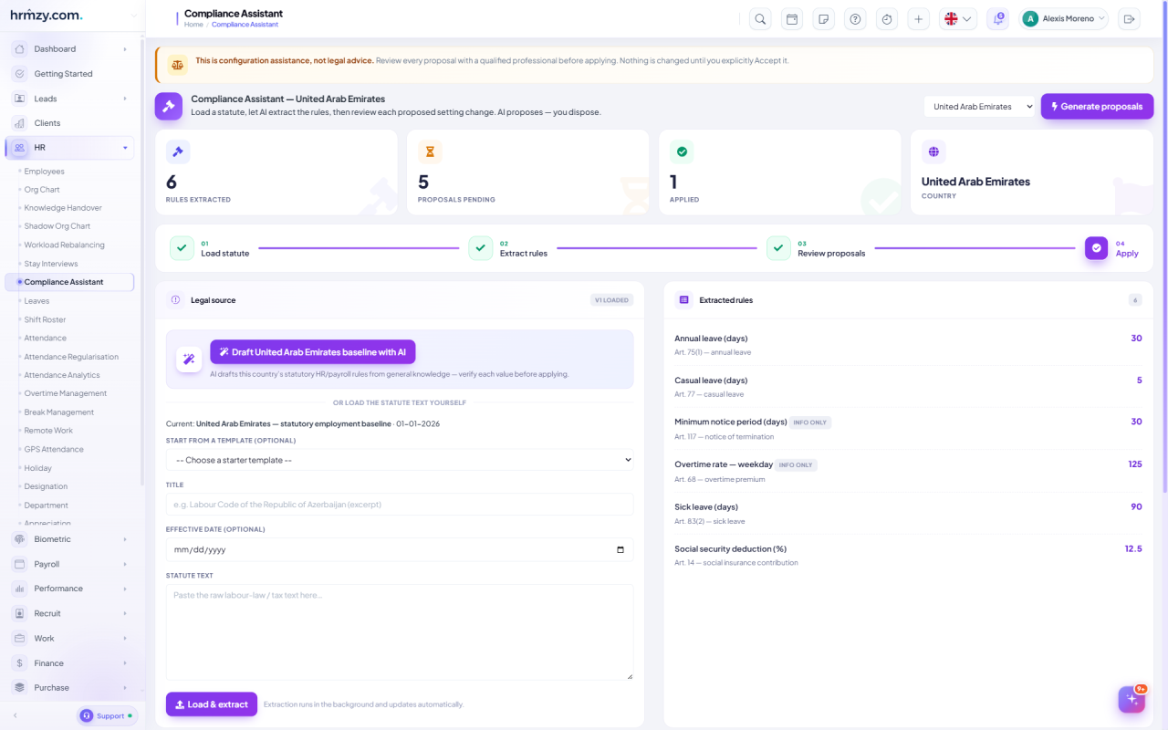 HRMZY compliance assistant listing extracted rules with their citation, the current configured value, the proposed statutory value and pending or accepted status