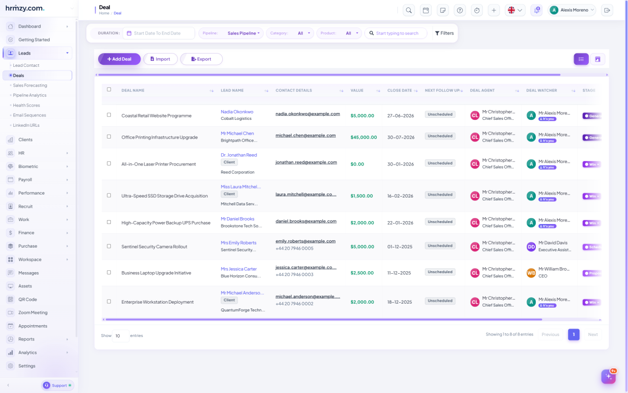 HRMZY deals list showing deal name, lead and company, contact details, value, close date, follow-up state, deal agent, watcher and pipeline stage