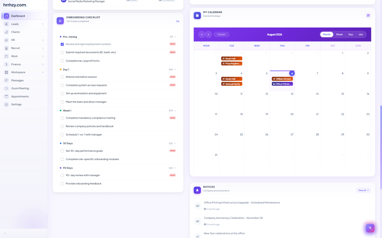 HRMZY onboarding checklist on an employee dashboard, grouped into pre-joining, day 1, week 1, 30 day and 90 day stages with priority flags and a completion percentage