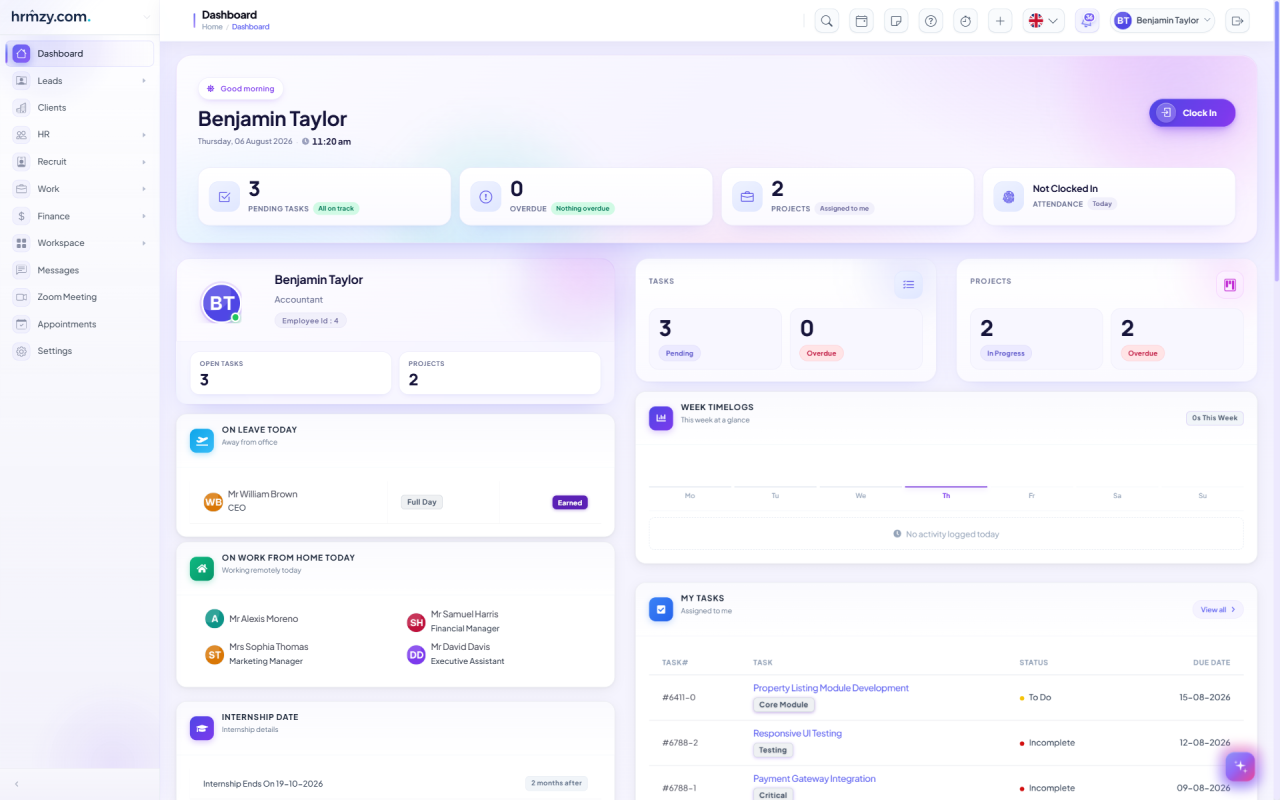 HRMZY employee self-service dashboard showing a clock-in button, pending and overdue task counts, assigned projects, who is on leave or working from home, weekly timelogs and a personal task list
