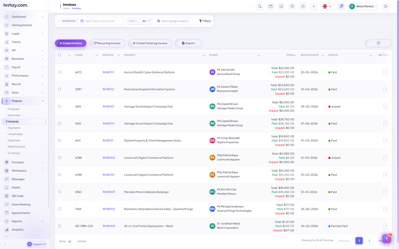 HRMZY invoice list showing invoice code, project, client, total versus paid amount, invoice date and payment status for each row