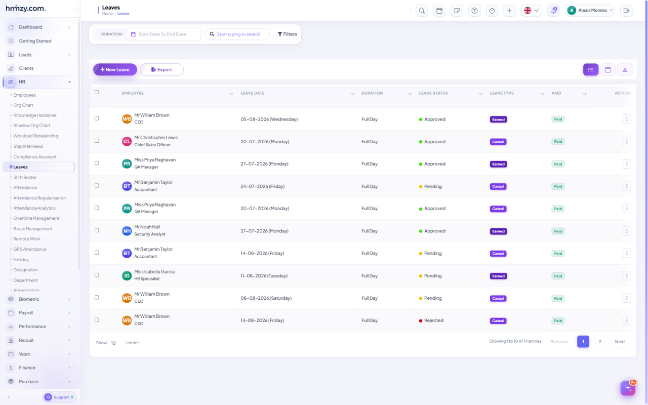 HRMZY leave register listing employees with leave date, duration, approval status, leave type and paid flag