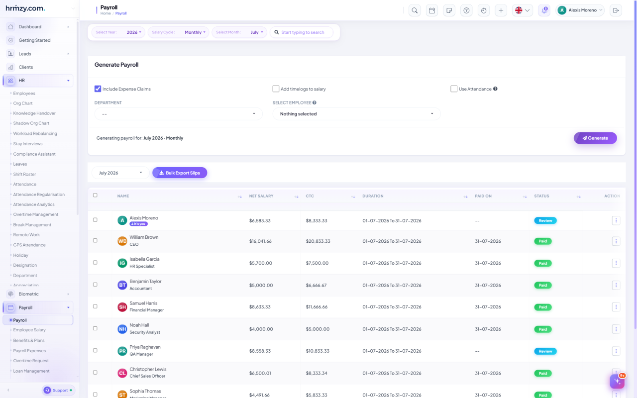 HRMZY payroll run showing net salary, CTC, pay period and payment status for each employee