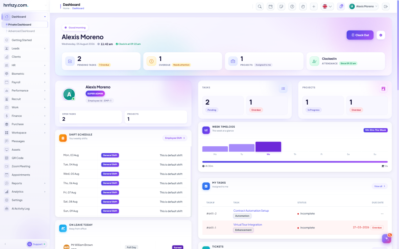 The HRMZY dashboard — clocked-in status, pending and overdue tasks, assigned projects, this week's timelogs, the weekly shift schedule and who is on leave today