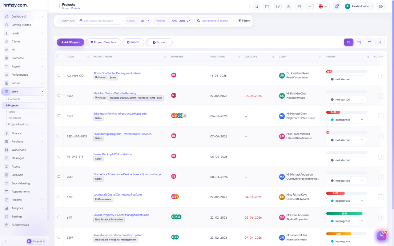HRMZY project list showing project code, name, assigned members, start date, deadline, client and a progress bar with status for each project